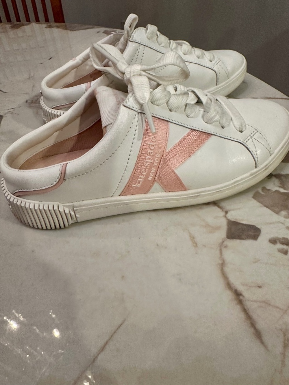 Kate Spade New York white & pink mules with pink diagonal stripe, size US 8.5B #